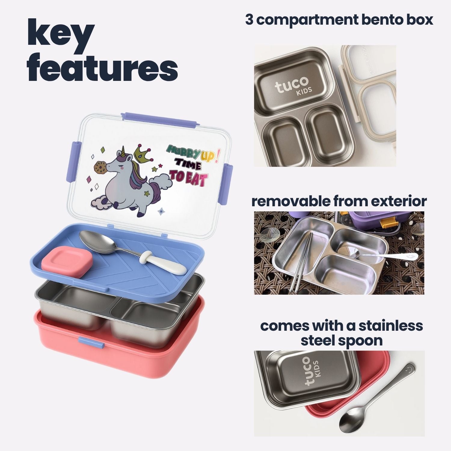 Tuco Kids 3 Compartment Stainless Steel Bento Lunch Box - Tuco Kids
