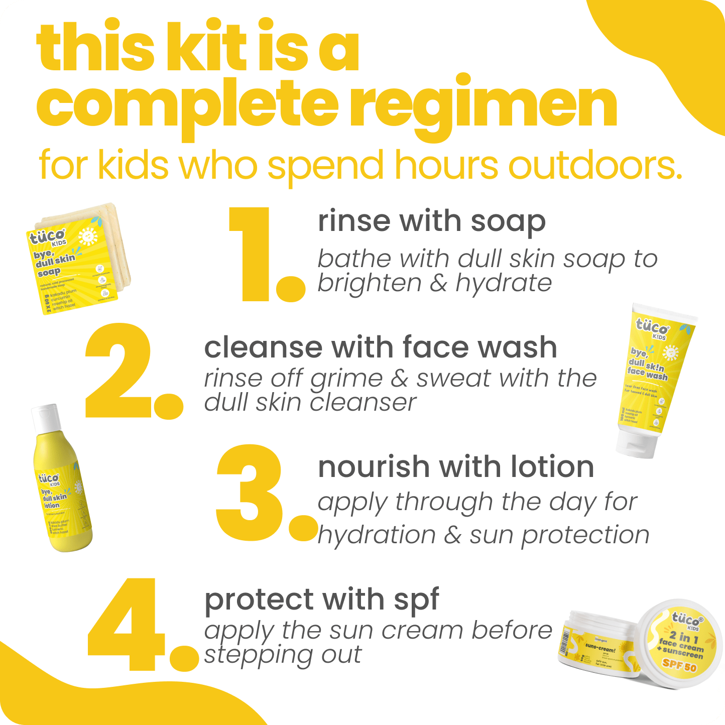 Ultimate Dull Skin Kit: Soap + Lotion(100 ml) + Sunscreen (SPF 50) + Face Cleanser - Tuco Kids