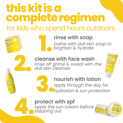 Ultimate Dull Skin Kit: Soap + Lotion(100 ml) + Sunscreen (SPF 50) + Face Cleanser - Tuco Kids