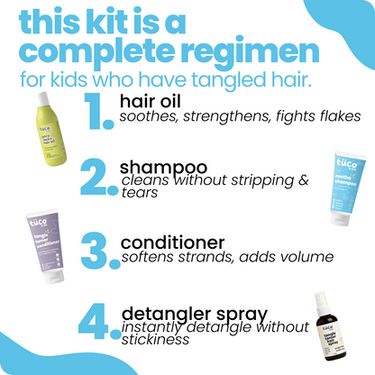 Ultimate Hair Care Kit: Shampoo 100ml + Hair Oil 100ml + Conditioner 100g + Hair Detangler 50ml - Tuco Kids