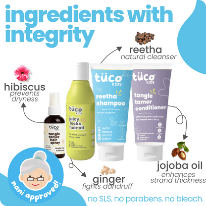 Ultimate Hair Care Kit: Shampoo 100ml + Hair Oil 100ml + Conditioner 100g + Hair Detangler 50ml - Tuco Kids