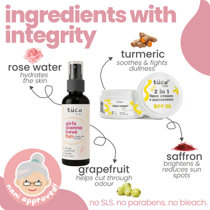 Vacation Ready Girls Gift Pack: Sunscreen (SPF 30) + Mist (100ml) - Tuco Kids
