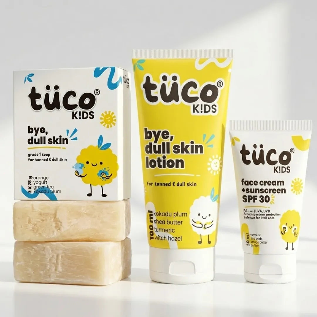 Tuco Kids 3-in-1 Dull Skin Kit – Bye Dull Skin soap, body lotion and SPF 30 face cream for kids