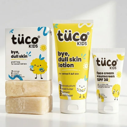 Tuco Kids 3-in-1 Dull Skin Kit – Bye Dull Skin soap, body lotion and SPF 30 face cream for kids