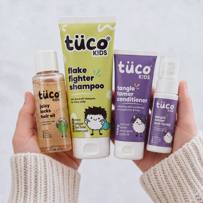Tuco Kids Ultimate Winter Dandruff Hair Pack – Juicy Locks Hair Oil, Flake Fighter Shampoo, Tangle Tamer Conditioner and Hair Spray for kids