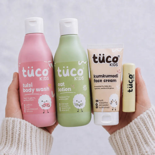 Tuco Kids Ultimate Winter Skincare Kit – Tulsi Body Wash, Oat Lotion, Kumkumadi Face Cream and The Nothing Lip Balm for kids