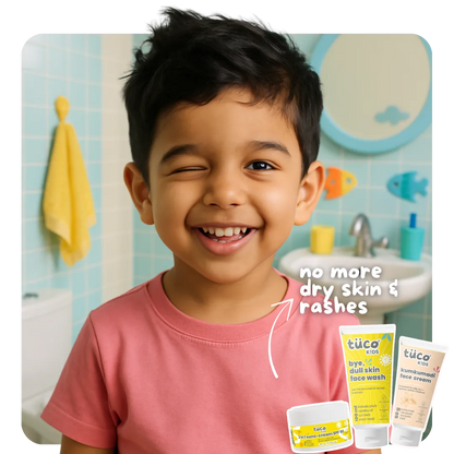 A daily face skincare regimen made just for kids, with natural and effective kid-friendly products like Face Wash for Dull Skin, Kumkumadi Ayurvedic Face Cream to brighten dull, patchy skin, and safe Sunscreen SPF 50 with no harsh chemicals.
