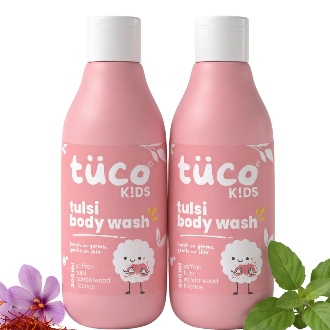 Tulsi Body Wash for Kids 300ml, Pack of 2 — two bottles with saffron and tulsi leaves | Tuco Kids