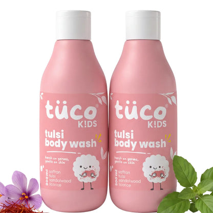 Tulsi Body Wash for Kids 300ml, Pack of 2 — two bottles with saffron and tulsi leaves | Tuco Kids