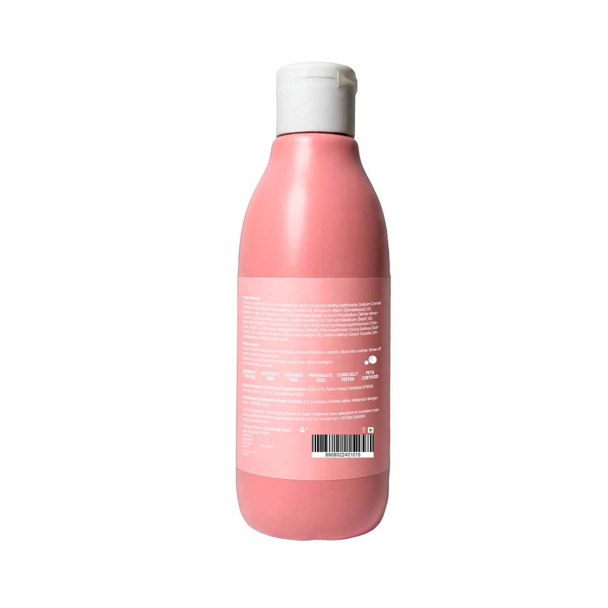 Tulsi Shower Gel For Kids (300ml) — back of pack, ingredients & product details | Tuco Kids