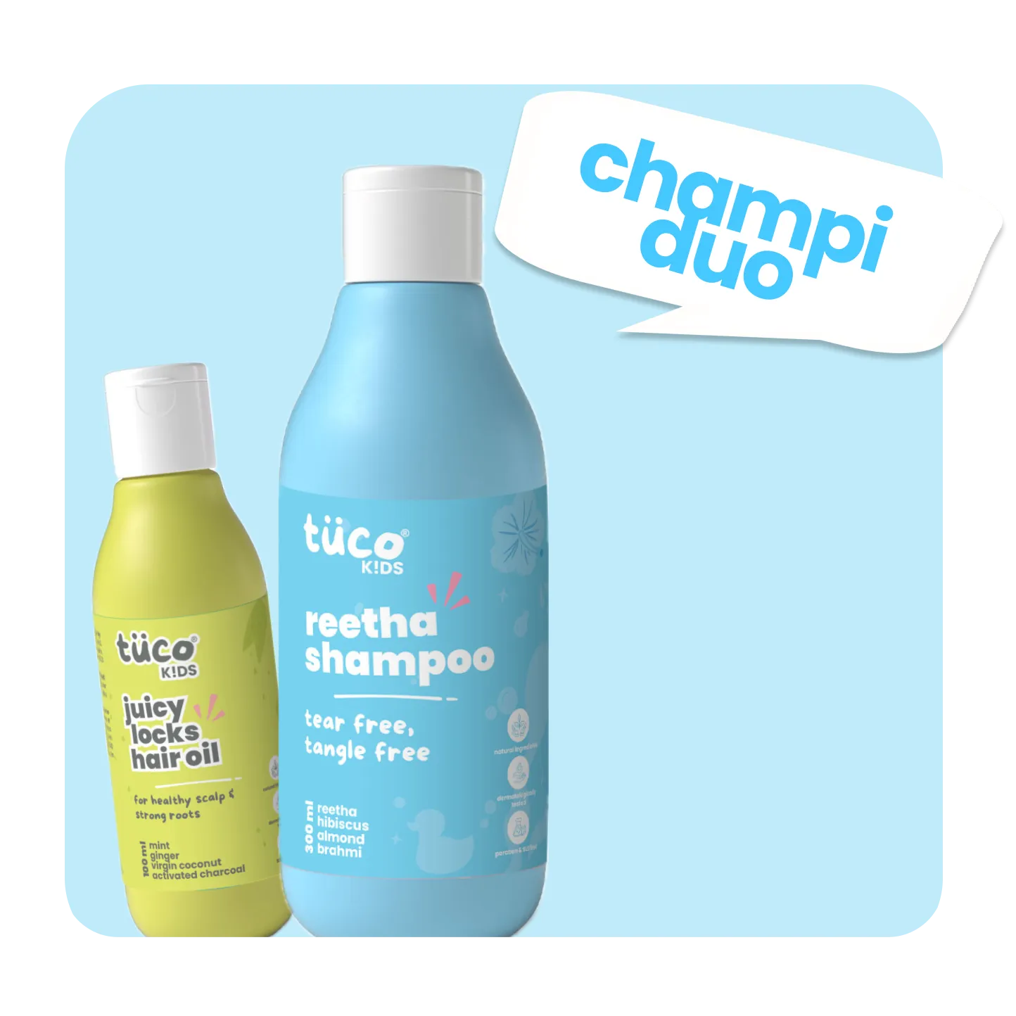Two bottles of tué kids shampoo and hair oil on a light blue background with 'champi duo' text.