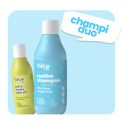 Two bottles of tué kids shampoo and hair oil on a light blue background with 'champi duo' text.