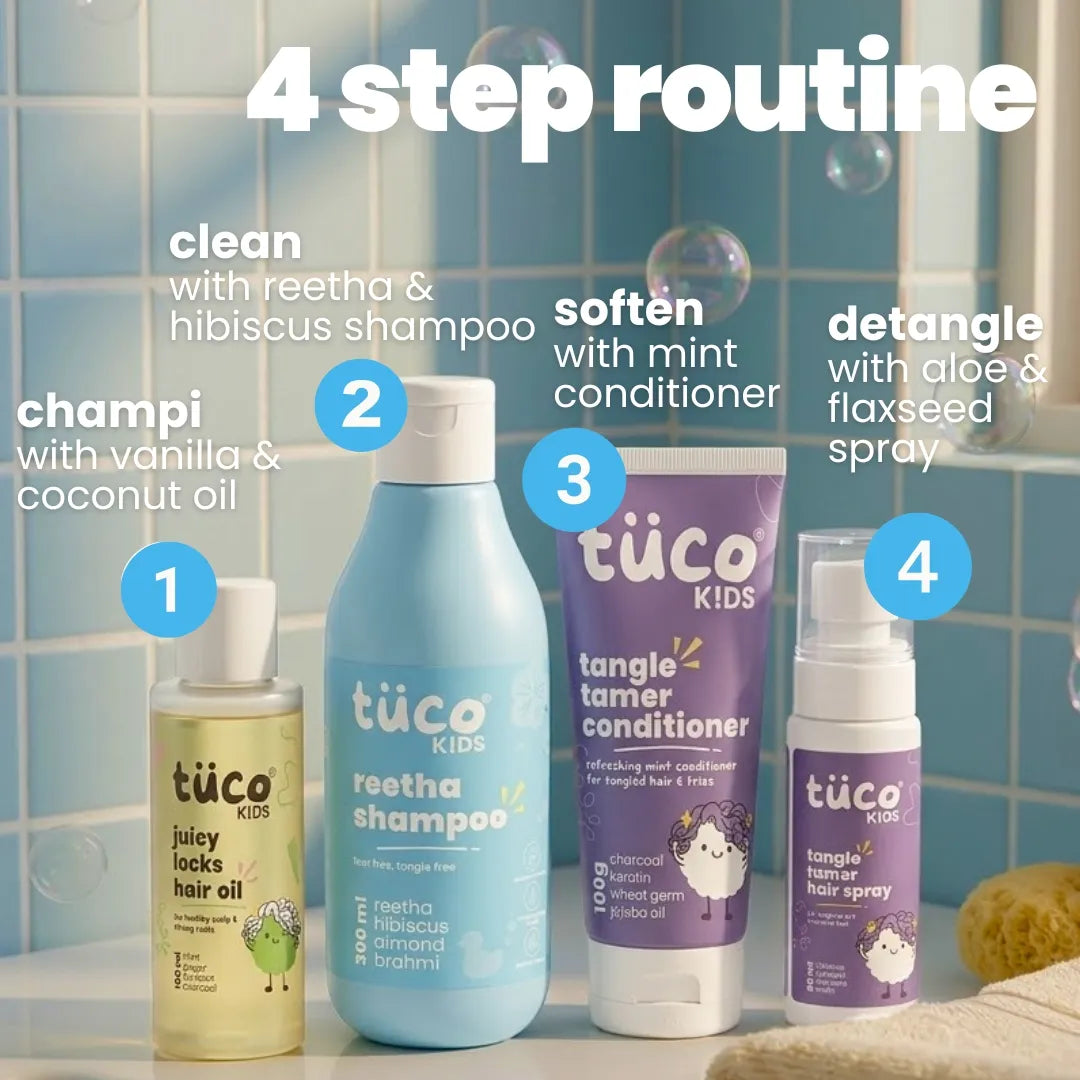Ultimate Hair Care Kit: Shampoo 300g + Hair Oil 100ml + Conditioner 100g + Hair Detangler 100ml — key ingredients | Tuco Kids