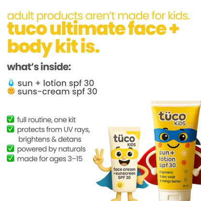 Ultimate Face + Body Kit : Sun Lotion + Sunscreen (SPF 30) — key ingredients | Tuco Kids
