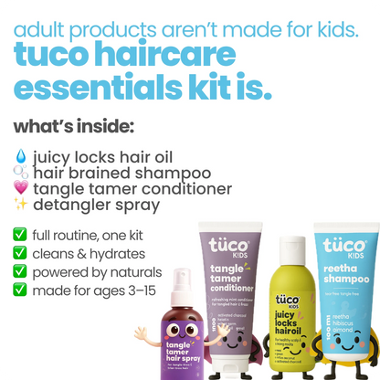 Ultimate Hair Care Kit: Shampoo 100ml + Hair Oil 100ml + Conditioner 100g + Hair Detangler 50ml — key ingredients | Tuco Kids