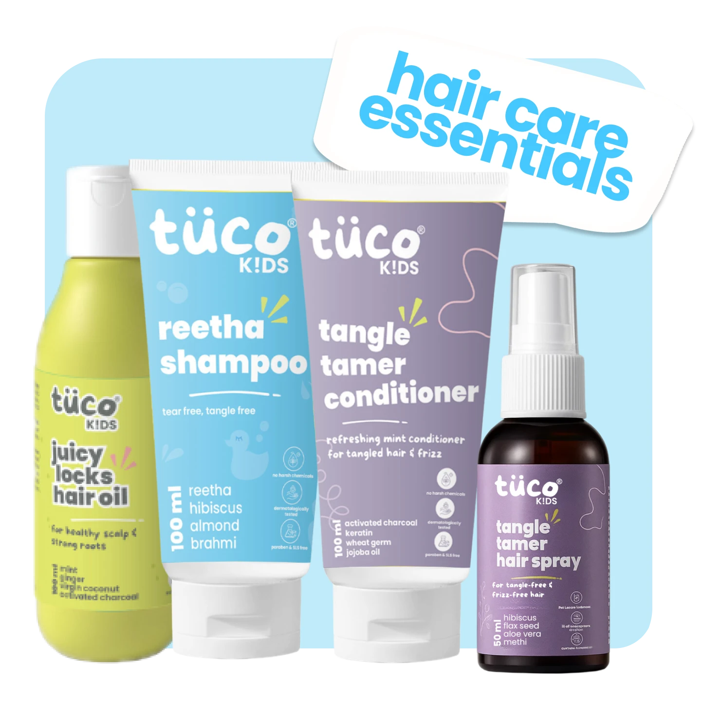 Ultimate Hair Care Kit: Shampoo 100ml + Hair Oil 100ml + Conditioner 100g + Hair Detangler 50ml — natural kids skincare | Tuco Kids