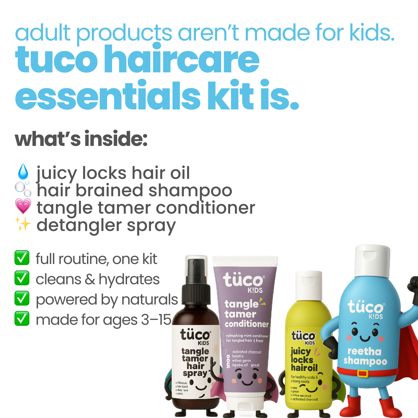 Ultimate Hair Care Kit: Shampoo 300g + Hair Oil 100ml + Conditioner 100g + Hair Detangler 100ml (Copy) — key ingredients | Tuco Kids