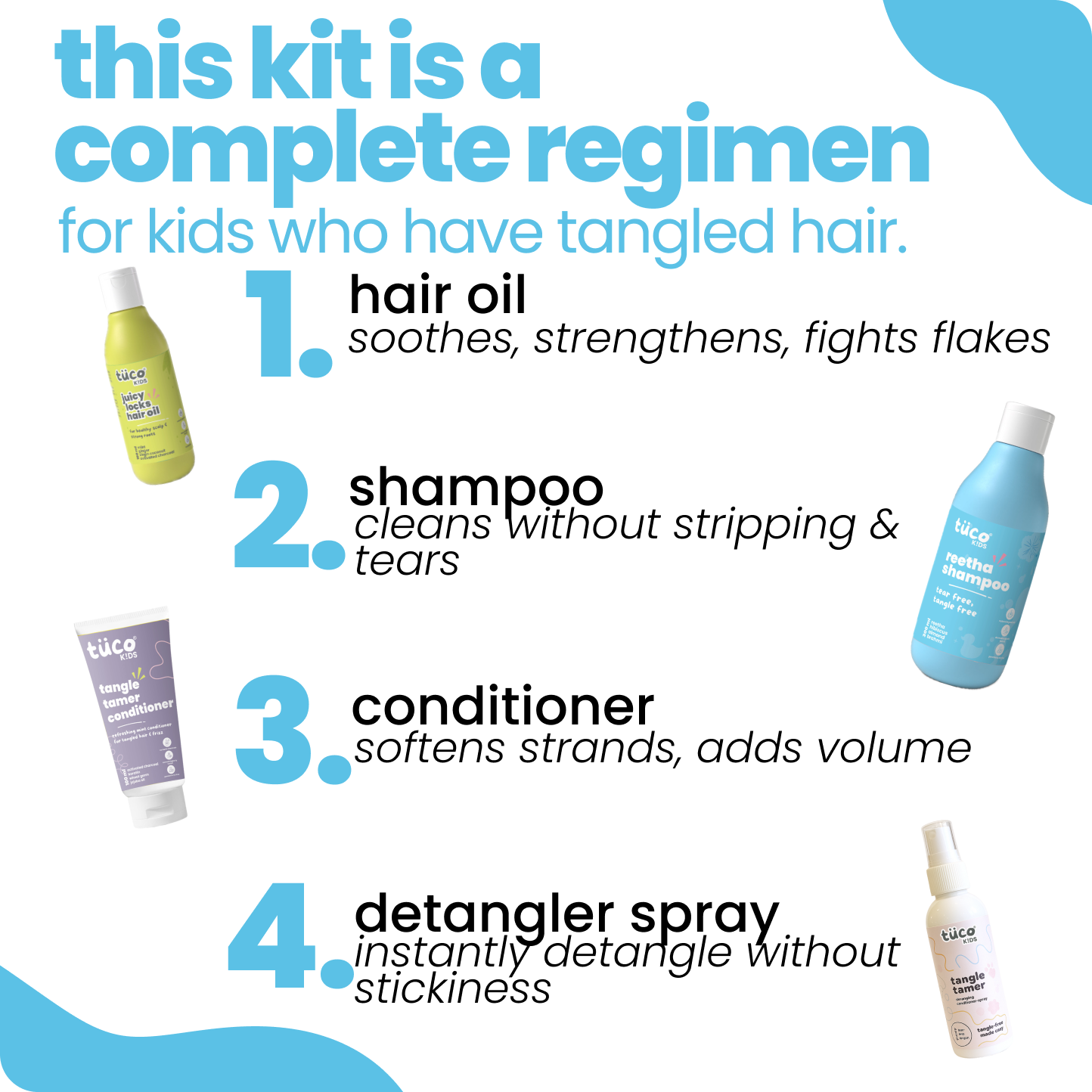 Ultimate Hair Care Kit: Shampoo 300g + Hair Oil 100ml + Conditioner 100g + Hair Detangler 100ml (Copy) — how to use | Tuco Kids