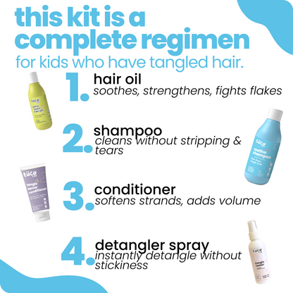 Ultimate Hair Care Kit: Shampoo 300g + Hair Oil 100ml + Conditioner 100g + Hair Detangler 100ml (Copy) — how to use | Tuco Kids