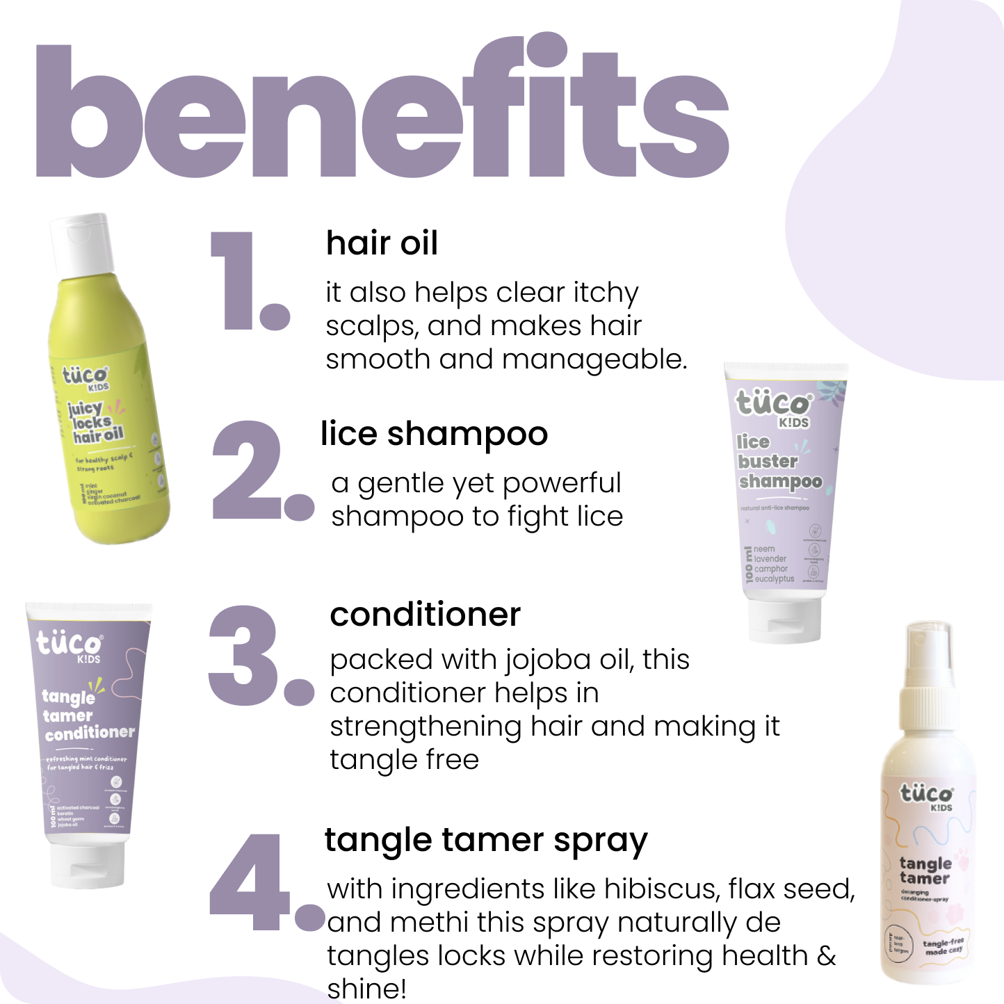 Ultimate Lice Fighter Kit: Lice Shampoo 100ml + Hair Oil 100ml + Conditioner 100g + Hair Detangler 100ml — key ingredients | Tuco Kids