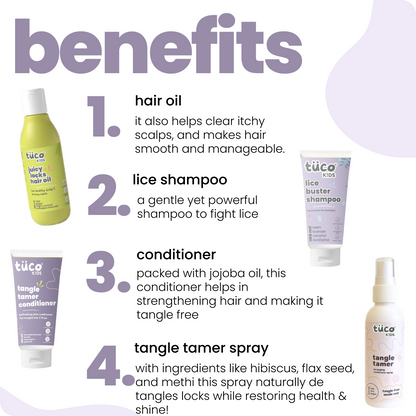 Ultimate Lice Fighter Kit: Lice Shampoo 100ml + Hair Oil 100ml + Conditioner 100g + Hair Detangler 100ml — key ingredients | Tuco Kids