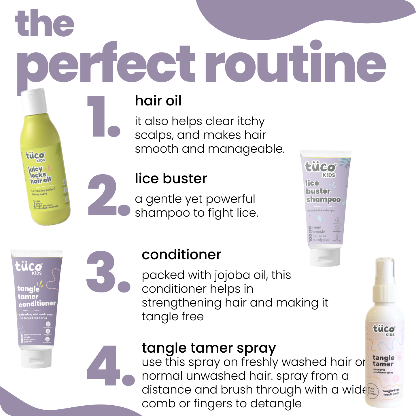 Ultimate Lice Fighter Kit: Lice Shampoo 100ml + Hair Oil 100ml + Conditioner 100g + Hair Detangler 100ml — how to use | Tuco Kids