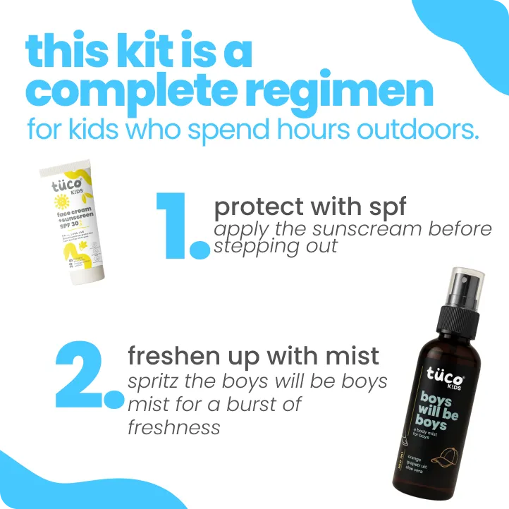 Vacation Ready Boys Gift Pack: Sunscreen (SPF 30) + Mist (100ml) — how to use | Tuco Kids