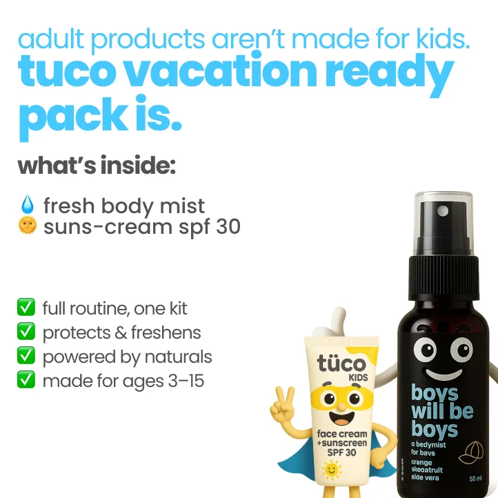 Vacation Ready Boys Gift Pack: Sunscreen (SPF 30) + Mist (100ml) — key ingredients | Tuco Kids