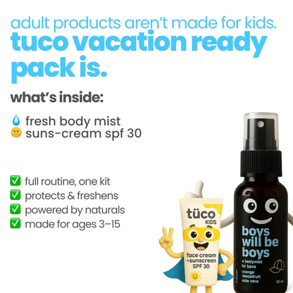 Vacation Ready Boys Gift Pack: Sunscreen (SPF 30) + Mist (100ml) — key ingredients | Tuco Kids