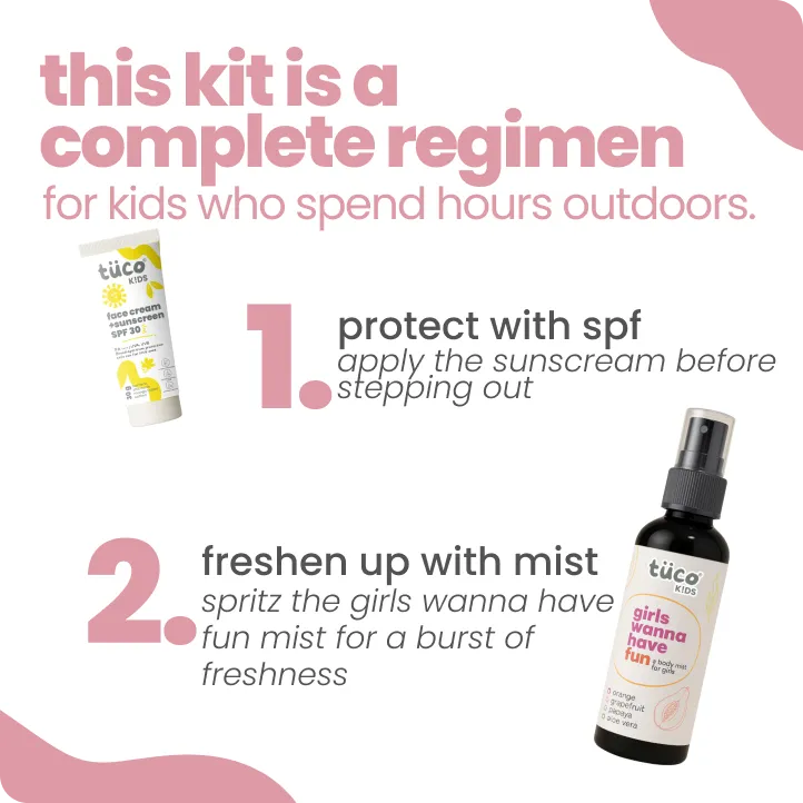 Vacation Ready Girls Gift Pack: Sunscreen (SPF 30) + Mist (100ml) — how to use | Tuco Kids