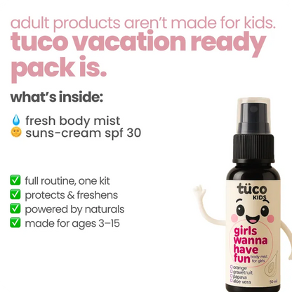 Vacation Ready Girls Gift Pack: Sunscreen (SPF 30) + Mist (100ml) — key ingredients | Tuco Kids