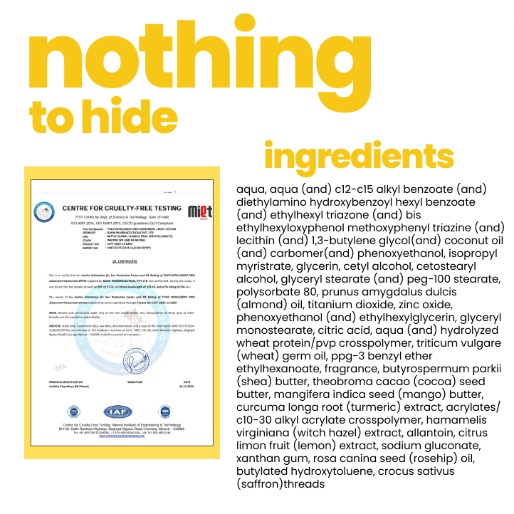 Product label with 'nothing to hide' text and a list of ingredients.