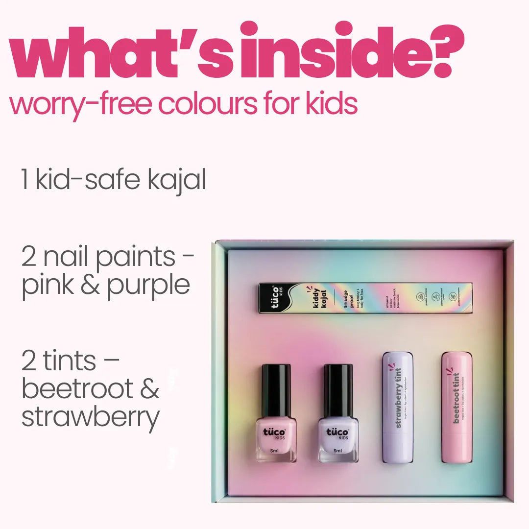 What is inside Tuco Kids Ultimate Glam Makeup Box – kajal, 2 nail paints, 2 tints in beetroot and strawberry