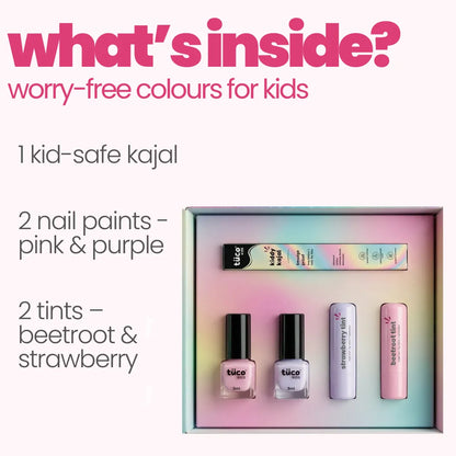 What is inside Tuco Kids Ultimate Glam Makeup Box – kajal, 2 nail paints, 2 tints in beetroot and strawberry