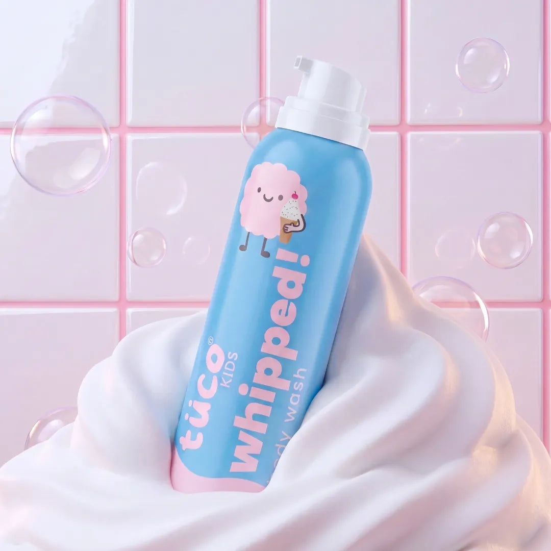 Whipped Body Wash — hero product shot with whipped foam swirl | Tuco Kids