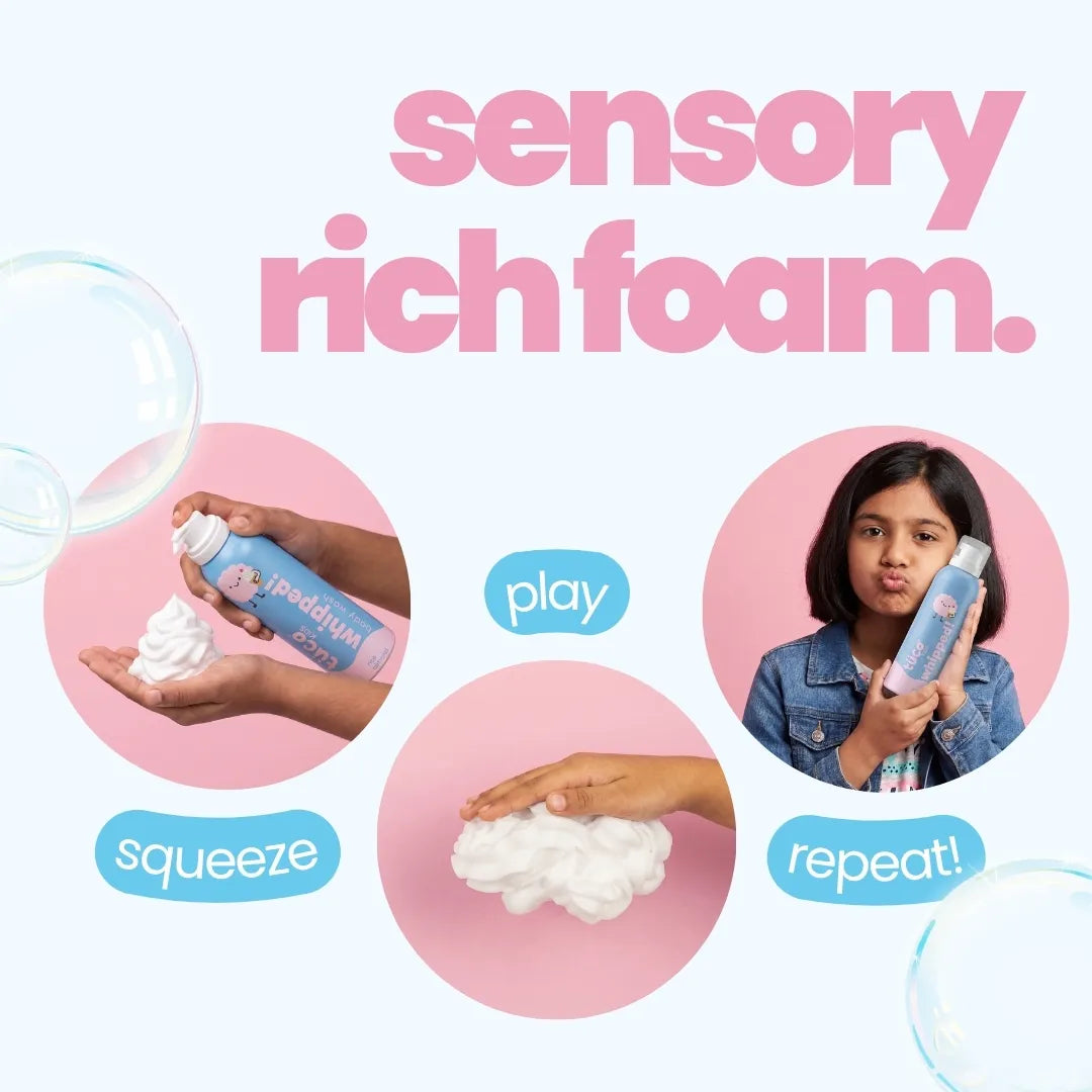 Whipped Body Wash — squeeze, play, repeat: sensory foam steps with a girl holding the bottle | Tuco Kids