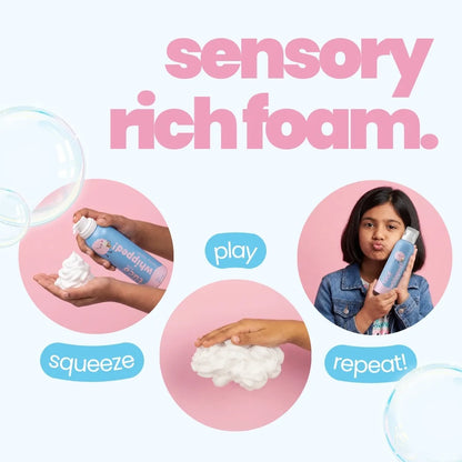 Whipped Body Wash — squeeze, play, repeat: sensory foam steps with a girl holding the bottle | Tuco Kids